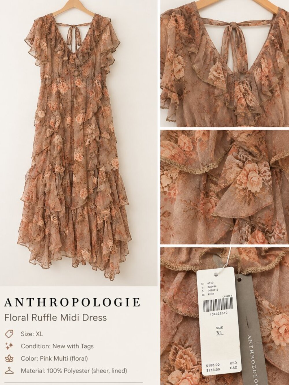 Anthropologie Floral Ruffled Maxi Dress XL NWT Pink Boho Romantic